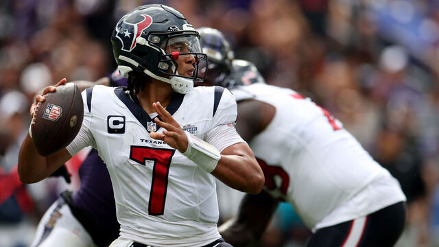 BALTIMORE, MARYLAND - SEPTEMBER 10: Quarterback C.J. Stroud #7 of the Houston Texans drops back to pass against the Baltimore Ravens at M&T Bank Stadium on September 10, 2023 in Baltimore, Maryland.