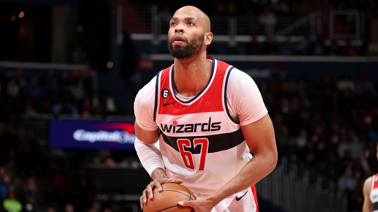 WASHINGTON, DC - MARCH 14: Taj Gibson #67 of the Washington Wizards prepares to shoot a free throw during the game against the Detroit Pistons on March 14, 2023 at Capital One Arena in Washington, DC. Mandatory Copyright Notice: Copyright 2023 NBAE