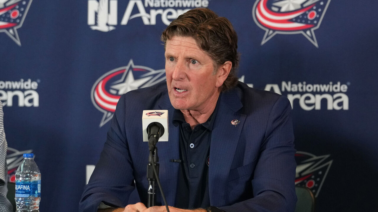 COLUMBUS, OHIO - JULY 01: Columbus Blue Jackets Head Coach Mike Babcock addresses member of the media during a press conference at Nationwide Arena on July 01, 2023 in Columbus, Ohio.