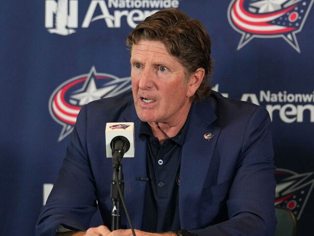 COLUMBUS, OHIO - JULY 01: Columbus Blue Jackets Head Coach Mike Babcock addresses member of the media during a press conference at Nationwide Arena on July 01, 2023 in Columbus, Ohio.