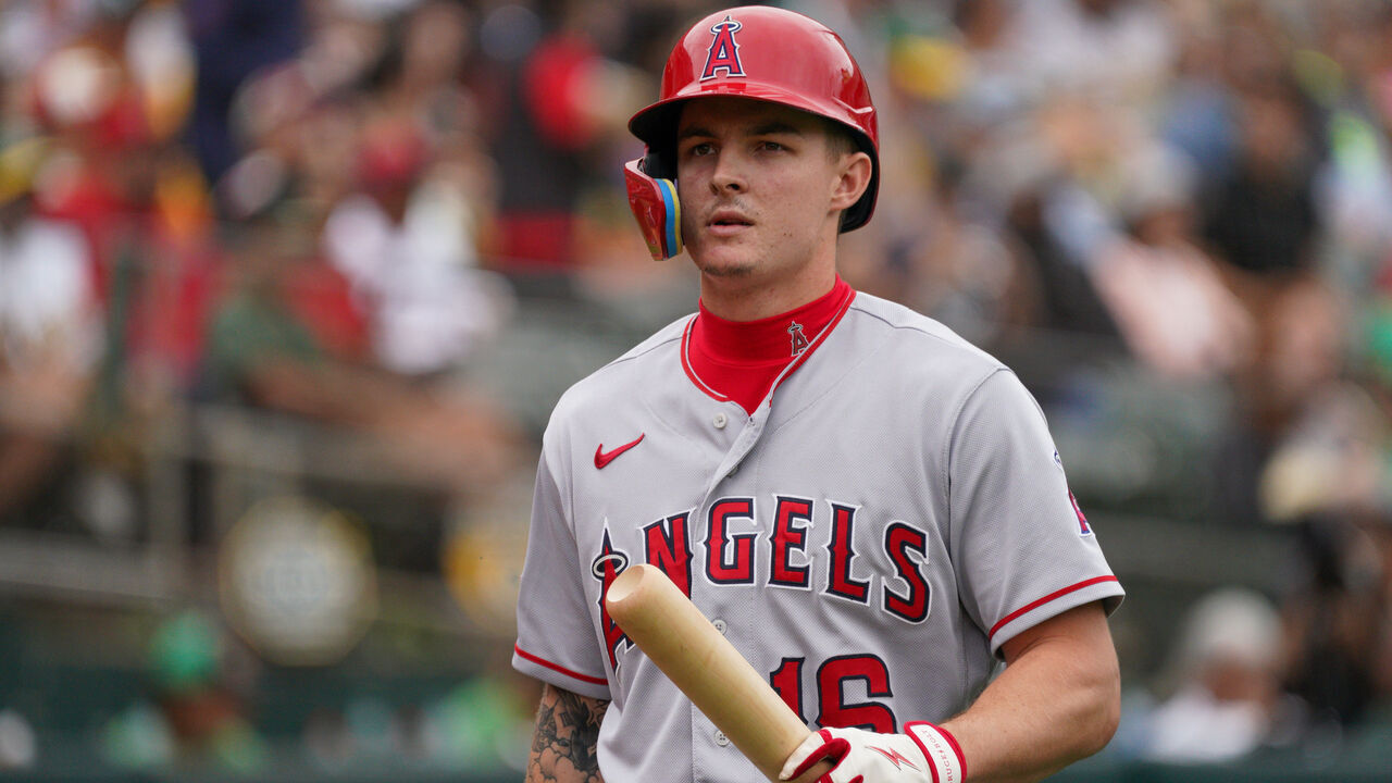 OAKLAND, CA - SEPTEMBER 02: Mickey Moniak #16 of the Los Angeles Angels looks on during the game between the Los Angeles Angels and the Oakland Athletics at RingCentral Coliseum on Saturday, September 2, 2023 in Oakland, California.