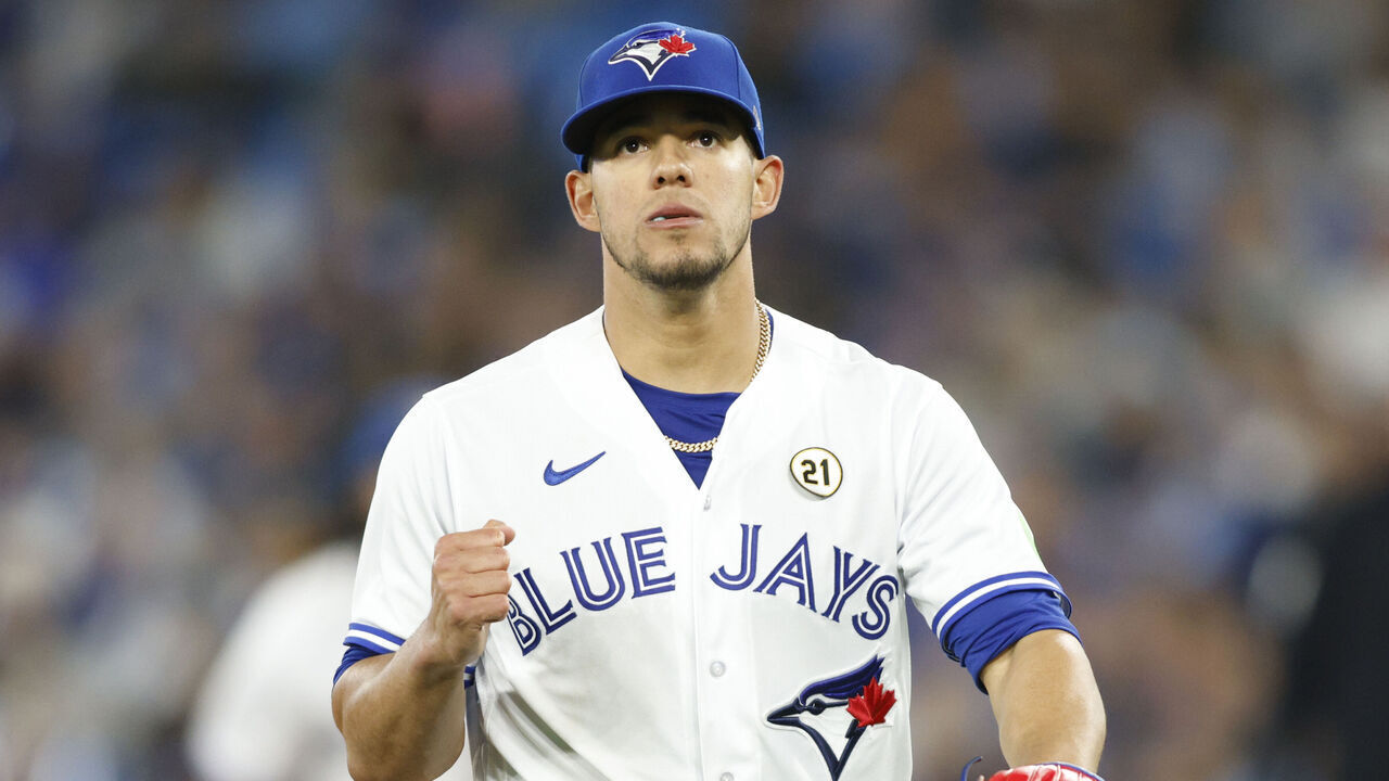 TORONTO, CANADA - SEPTEMBER 15: Jose Berrios #17 of the Toronto Blue Jays reacts as he strikes out a batter to end the top of the sixth inning against the Boston Red Sox at Rogers Centre on September 15, 2023 in Toronto, Canada.