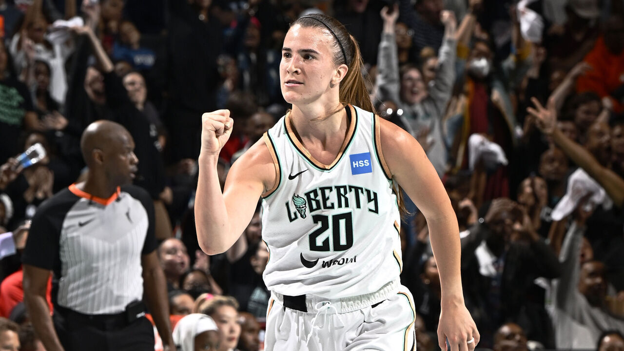 BROOKLYN, NY - SEPTEMBER 15: Sabrina Ionescu #20 of the New York Liberty celebrates during the game against the Washington Mystics during round one game one of the 2023 WNBA Playoffs on September 15, 2023 in Brooklyn, New York. Mandatory Copyright Notice: Copyright 2023 NBAE