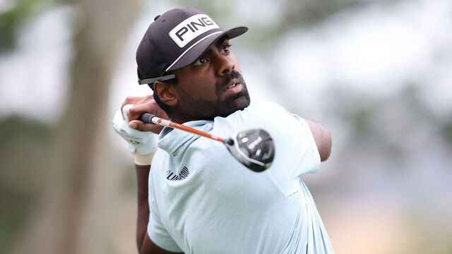 NAPA, CALIFORNIA - SEPTEMBER 15: Sahith Theegala of the United States plays his shot from the 13th tee during the second round of the Fortinet Championship at Silverado Resort and Spa on September 15, 2023 in Napa, California.