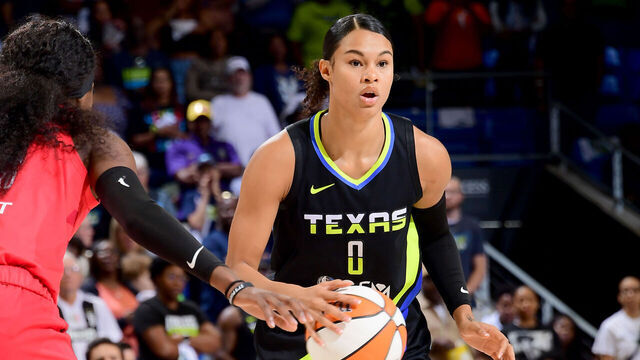 ARLINGTON, TX - SEPTEMBER 15: Satou Sabally #0 of the Dallas Wings dribbles the ball during the game against the Atlanta Dream during round one game one of the 2023 WNBA Playoffs on September 15, 2023 at the College Park Center in Arlington, TX. Mandatory Copyright Notice: Copyright 2023 NBAE