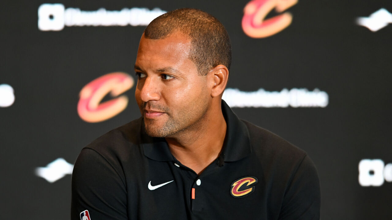 CLEVELAND, OHIO - SEPTEMBER 14: President of basketball operations Koby Altman of the Cleveland Cavaliers listens to questions during a press conference introducing Donovan Mitchell at Rocket Mortgage Fieldhouse on September 14, 2022 in Cleveland, Ohio.