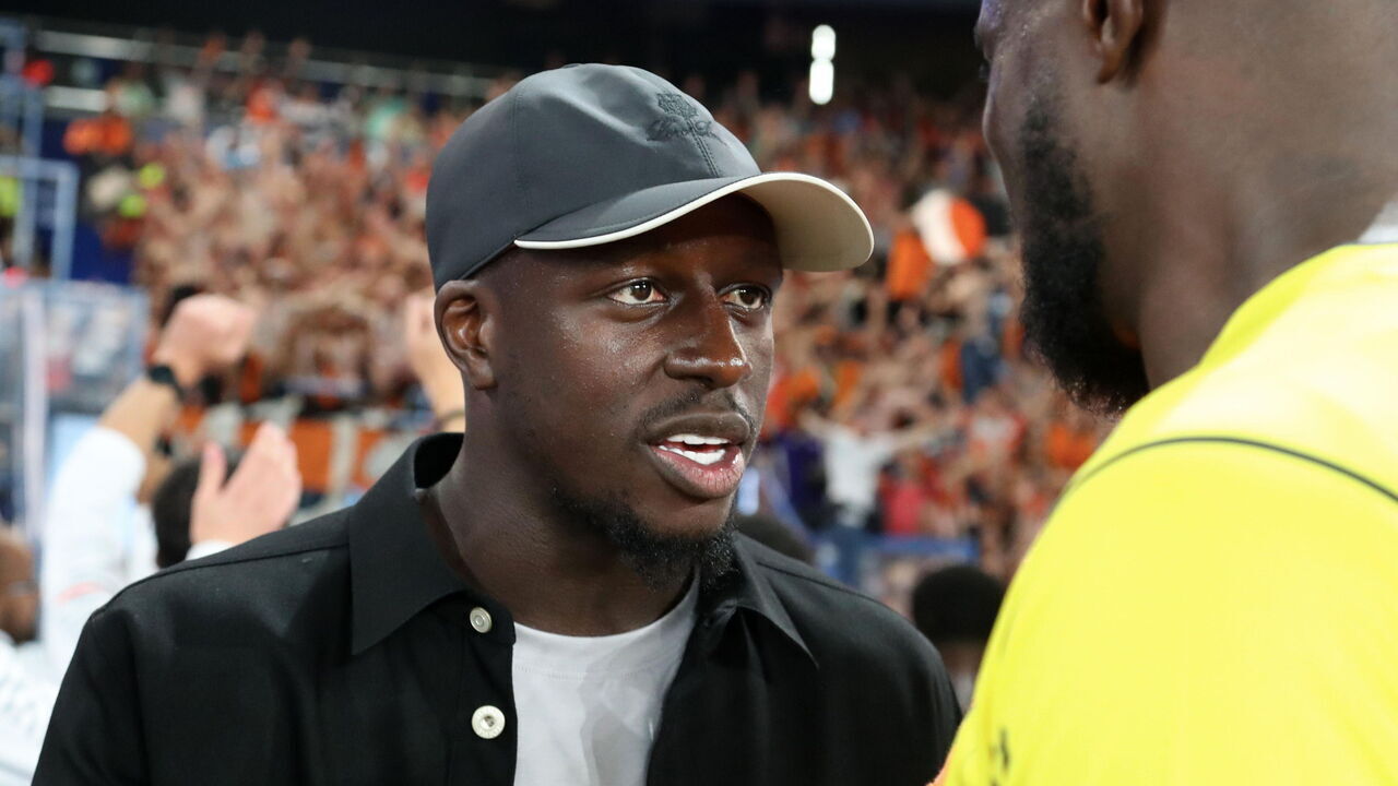 PARIS, FRANCE - AUGUST 12: Benjamin Mendy of FC Lorient celebrates the score with teammates after the Ligue 1 Uber Eats match between Paris Saint-Germain and FC Lorient at Parc des Princes on August 12, 2023 in Paris, France.