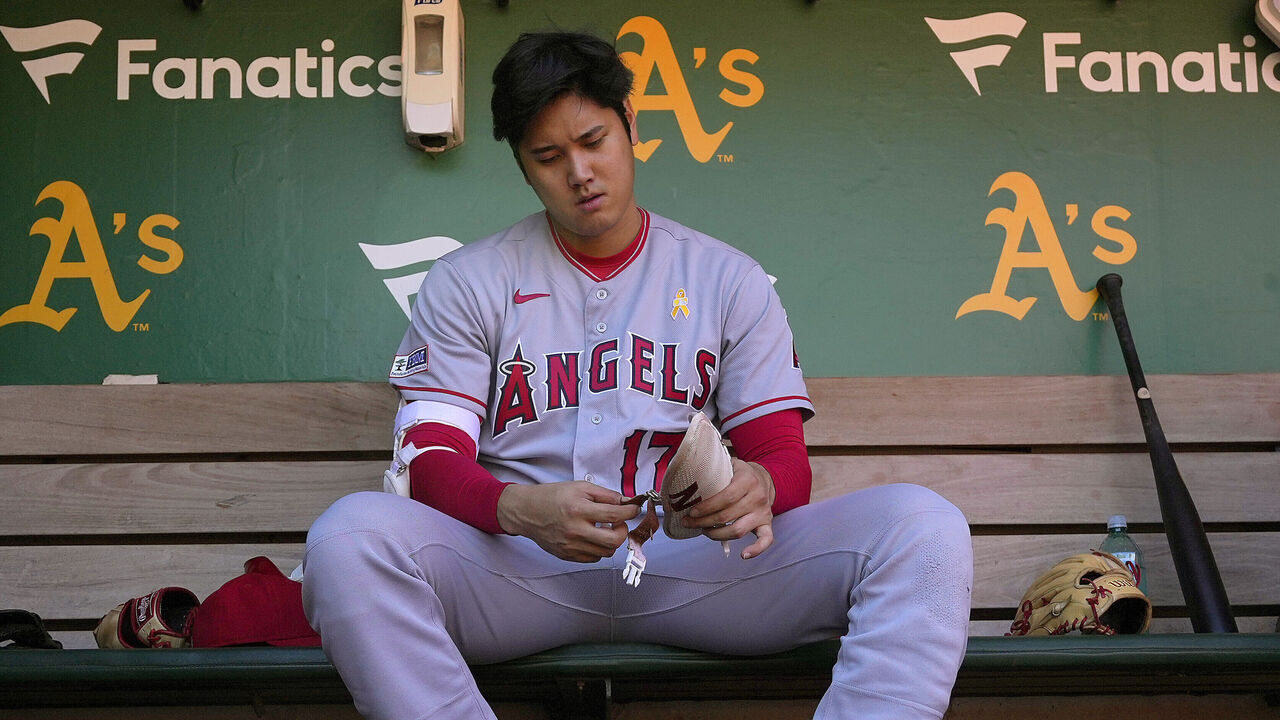 OAKLAND, CALIFORNIA - SEPTEMBER 03: Shohei Ohtani #17 of the Los Angeles Angels is seen in the dugout preparing for his game against the Oakland Athletics at RingCentral Coliseum on September 03, 2023 in Oakland, California.