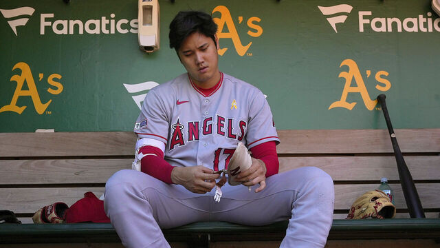 OAKLAND, CALIFORNIA - SEPTEMBER 03: Shohei Ohtani #17 of the Los Angeles Angels is seen in the dugout preparing for his game against the Oakland Athletics at RingCentral Coliseum on September 03, 2023 in Oakland, California.