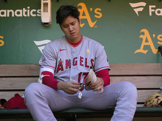 OAKLAND, CALIFORNIA - SEPTEMBER 03: Shohei Ohtani #17 of the Los Angeles Angels is seen in the dugout preparing for his game against the Oakland Athletics at RingCentral Coliseum on September 03, 2023 in Oakland, California.