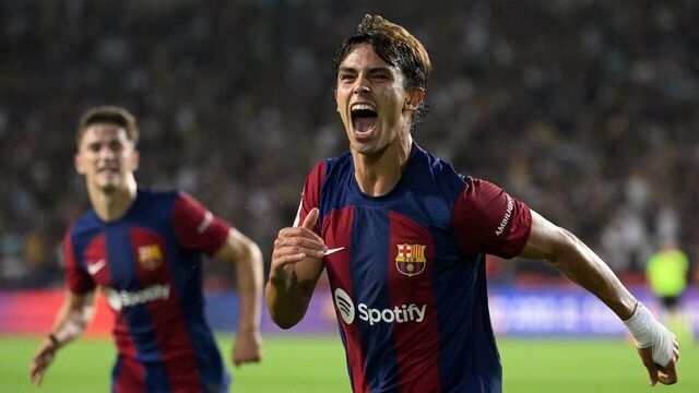 Barcelona's Portuguese forward #14 Joao Felix celebrates after scoring his team's first goal during the Spanish Liga football match between FC Barcelona and Real Betis at the Estadi Olimpic Lluis Companys in Barcelona on September 16, 2023.