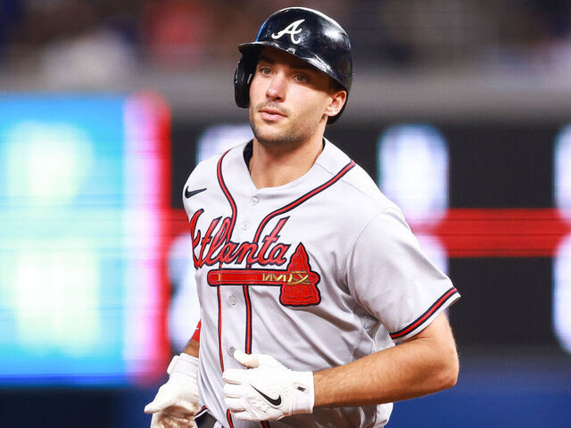 MIAMI, FLORIDA - SEPTEMBER 16: Matt Olson #28 of the Atlanta Braves rounds the bases after hitting a home run against the Miami Marlins during the sixth inning of the game at loanDepot park on September 16, 2023 in Miami, Florida.