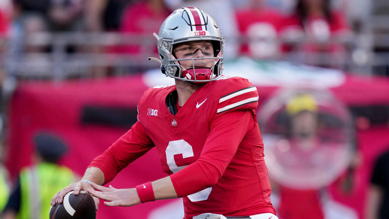 COLUMBUS, OHIO - SEPTEMBER 16: Kyle McCord #6 of the Ohio State Buckeyes throws a pass in the third quarter against the Western Kentucky Hilltoppers at Ohio Stadium on September 16, 2023 in Columbus, Ohio.
