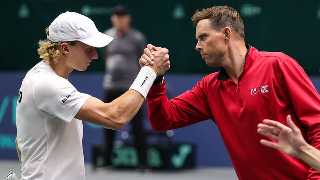 SPLIT, CROATIA - SEPTEMBER 16: Emil Ruusuvuori (L) of Finland shake hands with Captain Bob Bryan (R) of United States after winning match against Tommy Paul of United States on the 2023 Davis Cup Finals Group D Stage match between United States and Finland at Arena Gripe Sports Centre on September 16, 2023 in Split, Croatia.