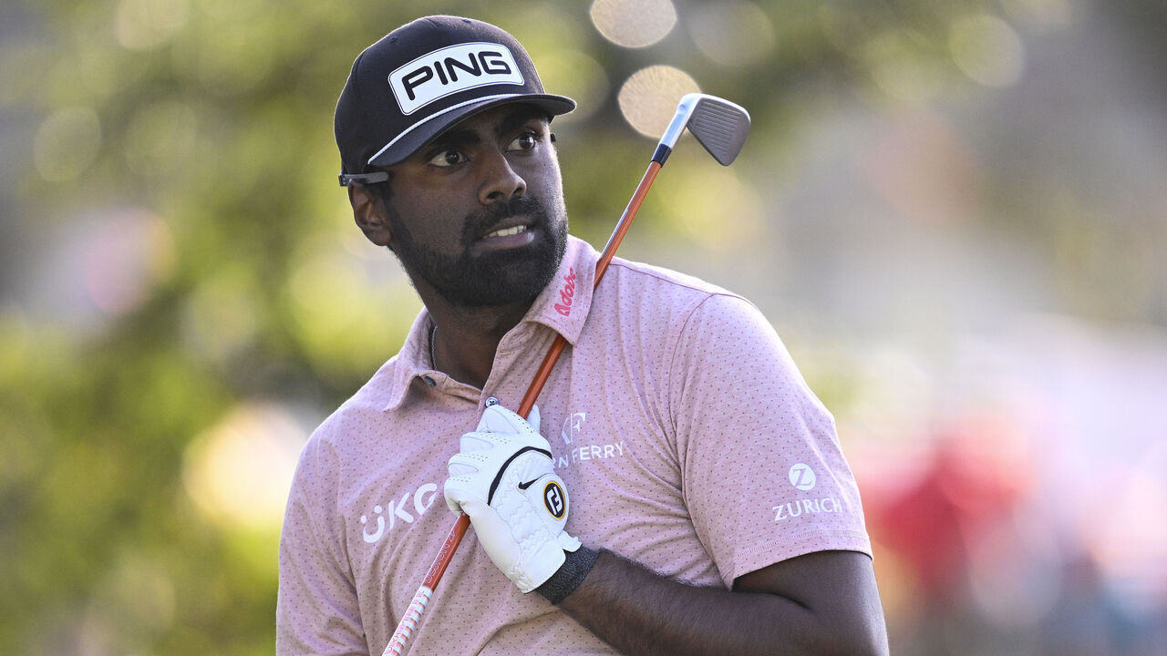 NAPA, CALIFORNIA - SEPTEMBER 16: Sahith Theegala of the United States reacts to his shot from the 16th tee during the third round of the Fortinet Championship at Silverado Resort and Spa on September 16, 2023 in Napa, California.