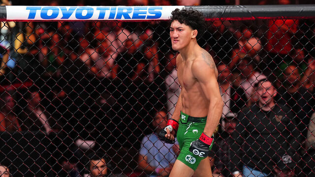 LAS VEGAS, NEVADA - SEPTEMBER 16: Raul Rosas Jr. reacts after his victory over Terrence Mitchell in a bantamweight fight during the Noche UFC event at T-Mobile Arena on September 16, 2023 in Las Vegas, Nevada.