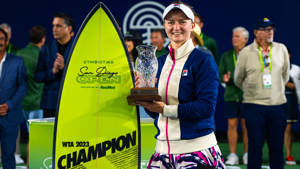 SAN DIEGO, CALIFORNIA - SEPTEMBER 16: Barbora Krejcikova of the Czech Republic poses with the champions trophy after defeating Sofia Kenin of the United States in the singles final on Day 6 of the Cymbiotika San Diego Open at Barnes Tennis Center on September 16, 2023 in San Diego, California