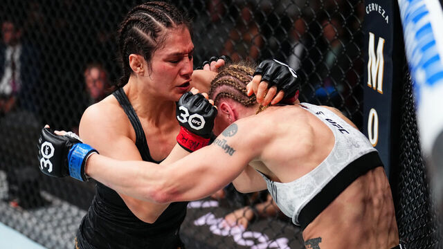 LAS VEGAS, NEVADA - SEPTEMBER 16: (L-R) Alexa Grasso of Mexico battles Valentina Shevchenko of Kyrgyzstan in the UFC flyweight championship fight during the Noche UFC event at T-Mobile Arena on September 16, 2023 in Las Vegas, Nevada.