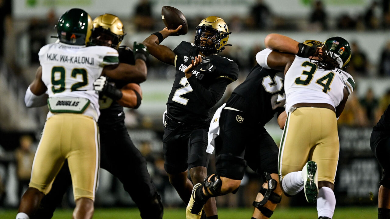 BOULDER, CO - SEPTEMBER 16: Quarterback Shedeur Sanders #2 of the Colorado Buffaloes throws a pass for a first quarter touchdown against the Colorado State Rams at Folsom Field on September 16, 2023 in Boulder, Colorado.