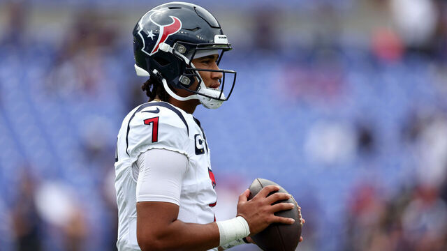BALTIMORE, MARYLAND - SEPTEMBER 10: C.J. Stroud #7 of the Houston Texans warms up before the start of the Texans and Baltimore Ravens game at M&T Bank Stadium on September 10, 2023 in Baltimore, Maryland.