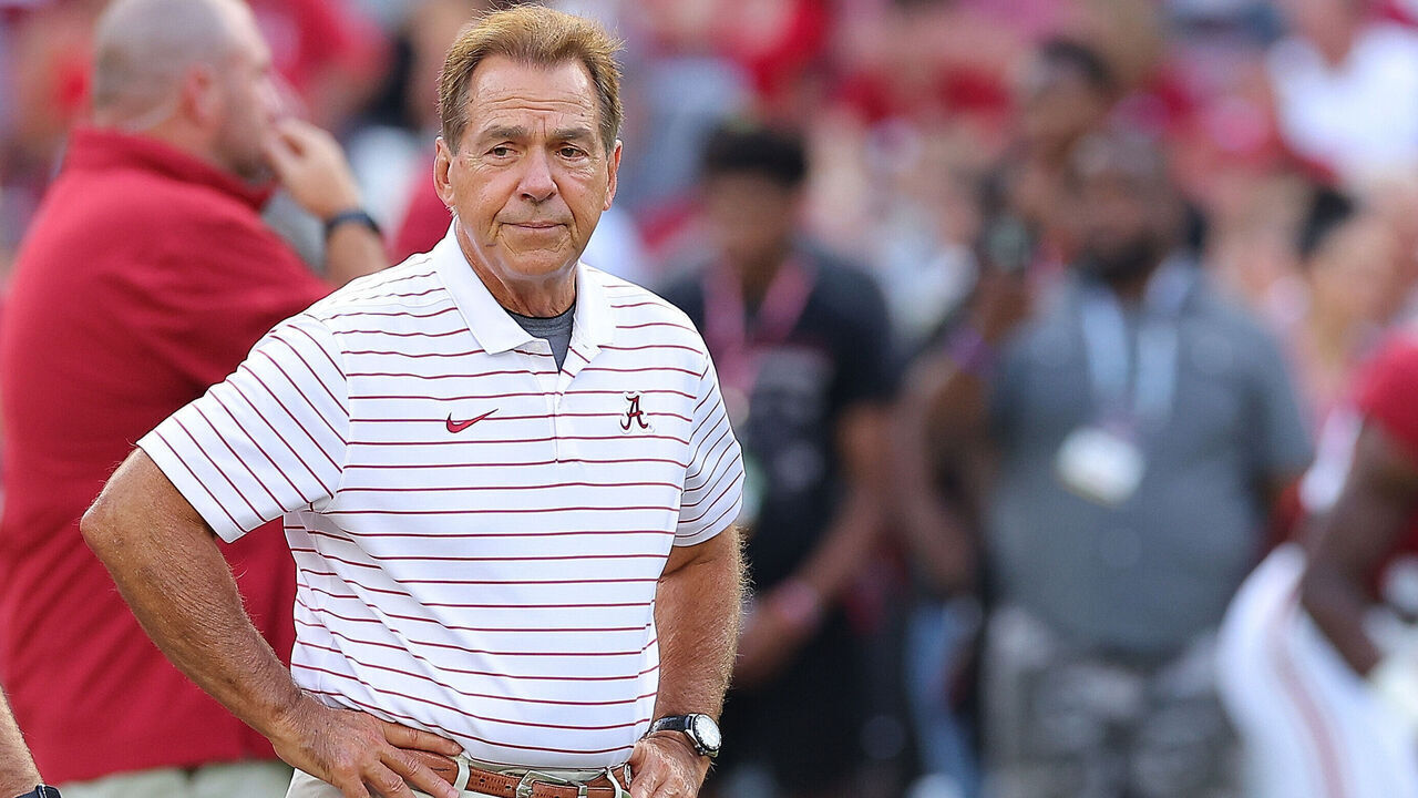 TUSCALOOSA, ALABAMA - SEPTEMBER 02: Head coach Nick Saban of the Alabama Crimson Tide during warms up prior to facing the Middle Tennessee Blue Raiders at Bryant-Denny Stadium on September 02, 2023 in Tuscaloosa, Alabama.
