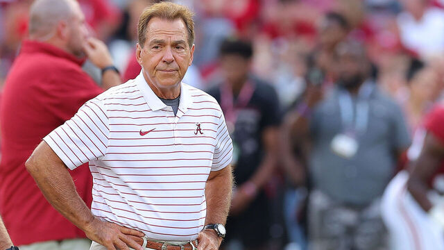 TUSCALOOSA, ALABAMA - SEPTEMBER 02: Head coach Nick Saban of the Alabama Crimson Tide during warms up prior to facing the Middle Tennessee Blue Raiders at Bryant-Denny Stadium on September 02, 2023 in Tuscaloosa, Alabama.