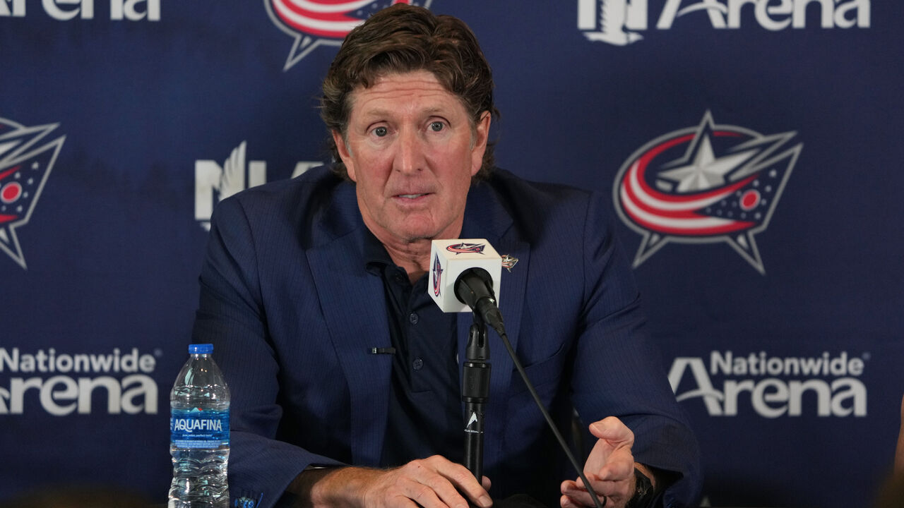 COLUMBUS, OHIO - JULY 01: Columbus Blue Jackets Head Coach Mike Babcock addresses member of the media during a press conference at Nationwide Arena on July 01, 2023 in Columbus, Ohio.