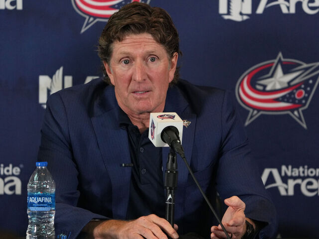 COLUMBUS, OHIO - JULY 01: Columbus Blue Jackets Head Coach Mike Babcock addresses member of the media during a press conference at Nationwide Arena on July 01, 2023 in Columbus, Ohio.