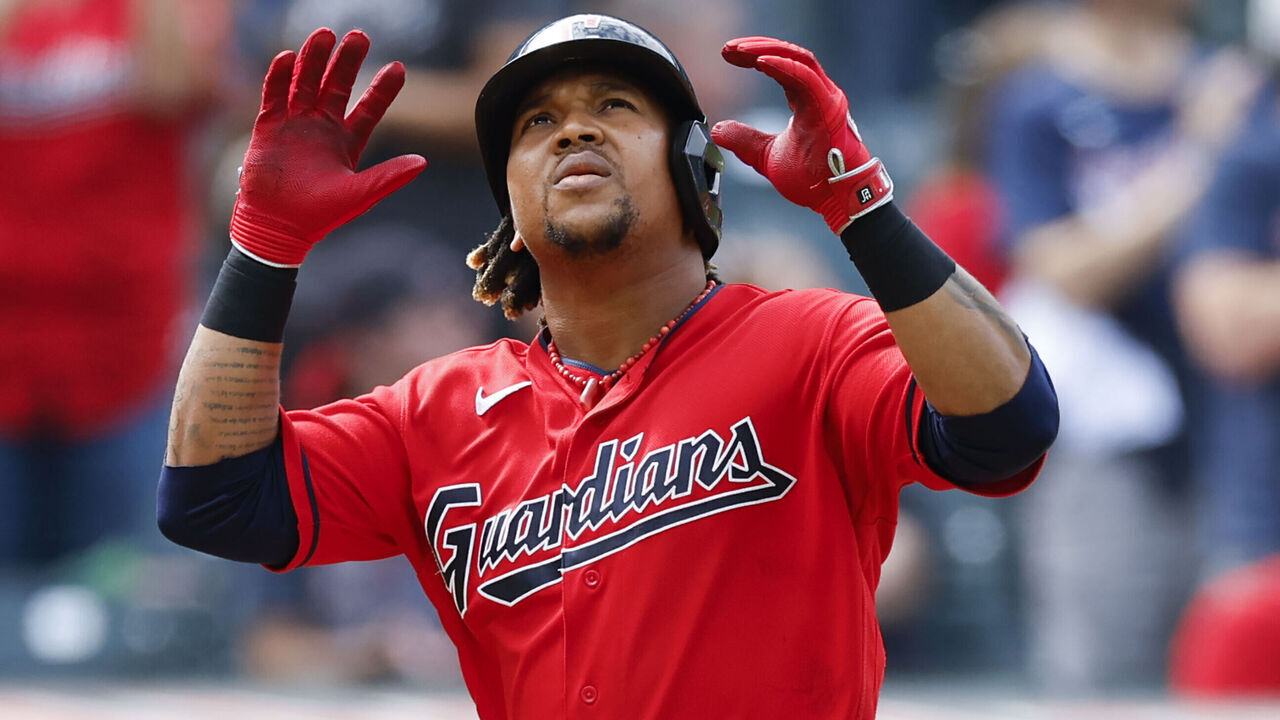 CLEVELAND, OH - SEPTEMBER 17: Jose Ramirez #11 of the Cleveland Guardians celebrates as he rounds the bases after hitting a solo home run against the Texas Rangers during the fourth inning at Progressive Field on September 17, 2023 in Cleveland, Ohio.