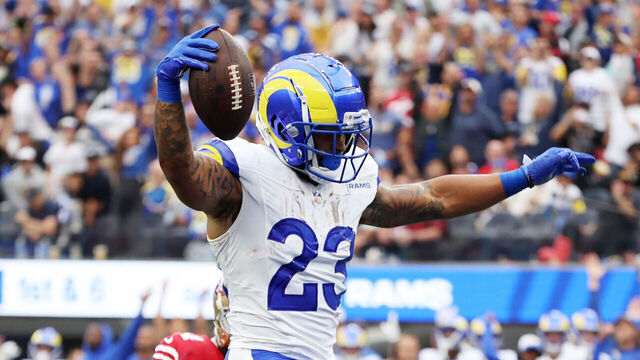 INGLEWOOD, CALIFORNIA - SEPTEMBER 17: Kyren Williams #23 of the Los Angeles Rams scores a touchdown during the second quarter against the San Francisco 49ers at SoFi Stadium on September 17, 2023 in Inglewood, California.