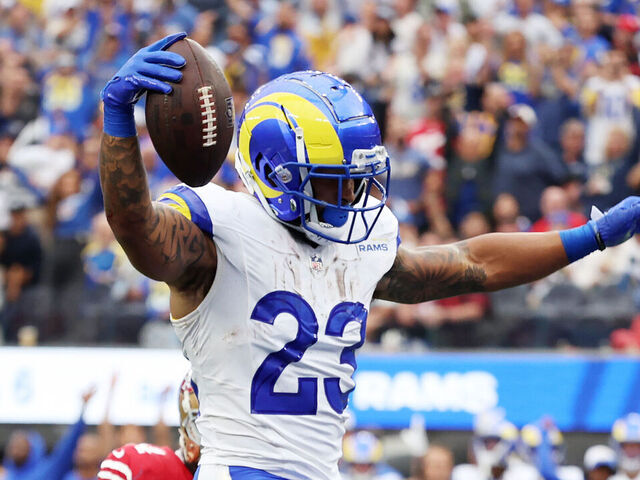 INGLEWOOD, CALIFORNIA - SEPTEMBER 17: Kyren Williams #23 of the Los Angeles Rams scores a touchdown during the second quarter against the San Francisco 49ers at SoFi Stadium on September 17, 2023 in Inglewood, California.
