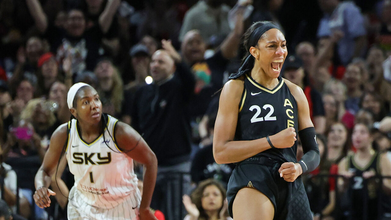 LAS VEGAS, NEVADA - SEPTEMBER 17: A'ja Wilson #22 of the Las Vegas Aces reacts after scoring against the Chicago Sky in the second quarter of Game Two of the 2023 WNBA Playoffs first round at Michelob ULTRA Arena on September 17, 2023 in Las Vegas, Nevada. The Aces defeated the Sky 92-70 to win the series two games to none.