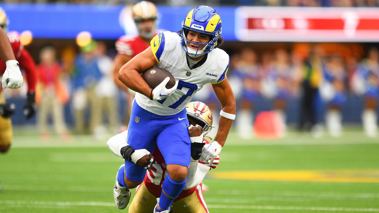 INGLEWOOD, CA - SEPTEMBER 17: Los Angeles Rams wide receiver Puka Nacua (17) runs after a catch during the NFL game between the San Francisco 49ers and the Los Angeles Rams on September 17, 2023, at SoFi Stadium in Inglewood, CA.