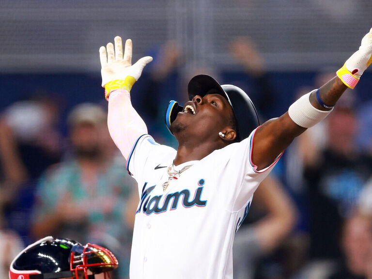 Jazz Chisholm Jr. #2 of the Miami Marlins bats in the game against News  Photo - Getty Images