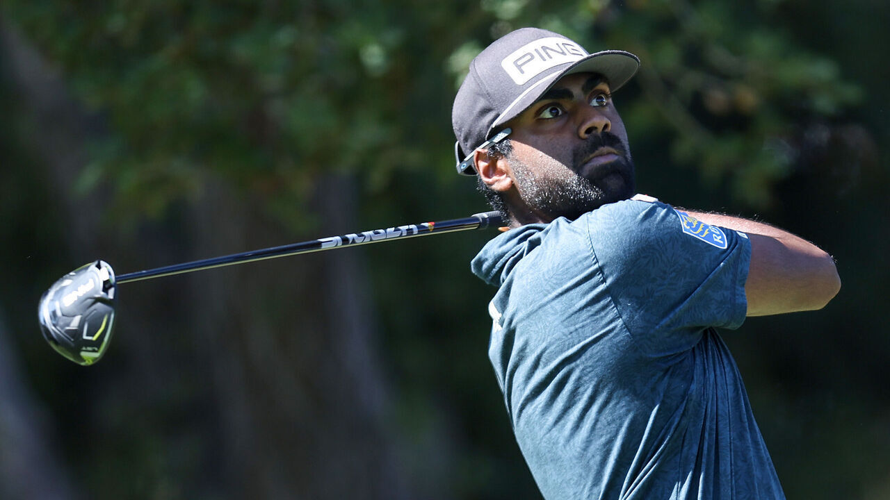 NAPA, CALIFORNIA - SEPTEMBER 17: Sahith Theegala of the United States plays his shot from the fifth tee during the final round of the Fortinet Championship at Silverado Resort and Spa on September 17, 2023 in Napa, California.