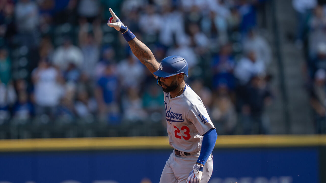 SEATTLE, WA - SEPTEMBER 17: Jason Heyward #23 of the Los Angeles Dodgers celebrates while rounding the bases after hitting a solo home run against the Seattle Mariners during the first inning at T-Mobile Park on September 17, 2023 in Seattle, Washington.