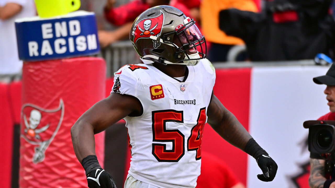 TAMPA, FLORIDA - JANUARY 01: Lavonte David #54 of the Tampa Bay Buccaneers reacts after the Tampa Bay Buccaneers recovered a fumble during the fourth quarter against the Carolina Panthers at Raymond James Stadium on January 01, 2023 in Tampa, Florida.