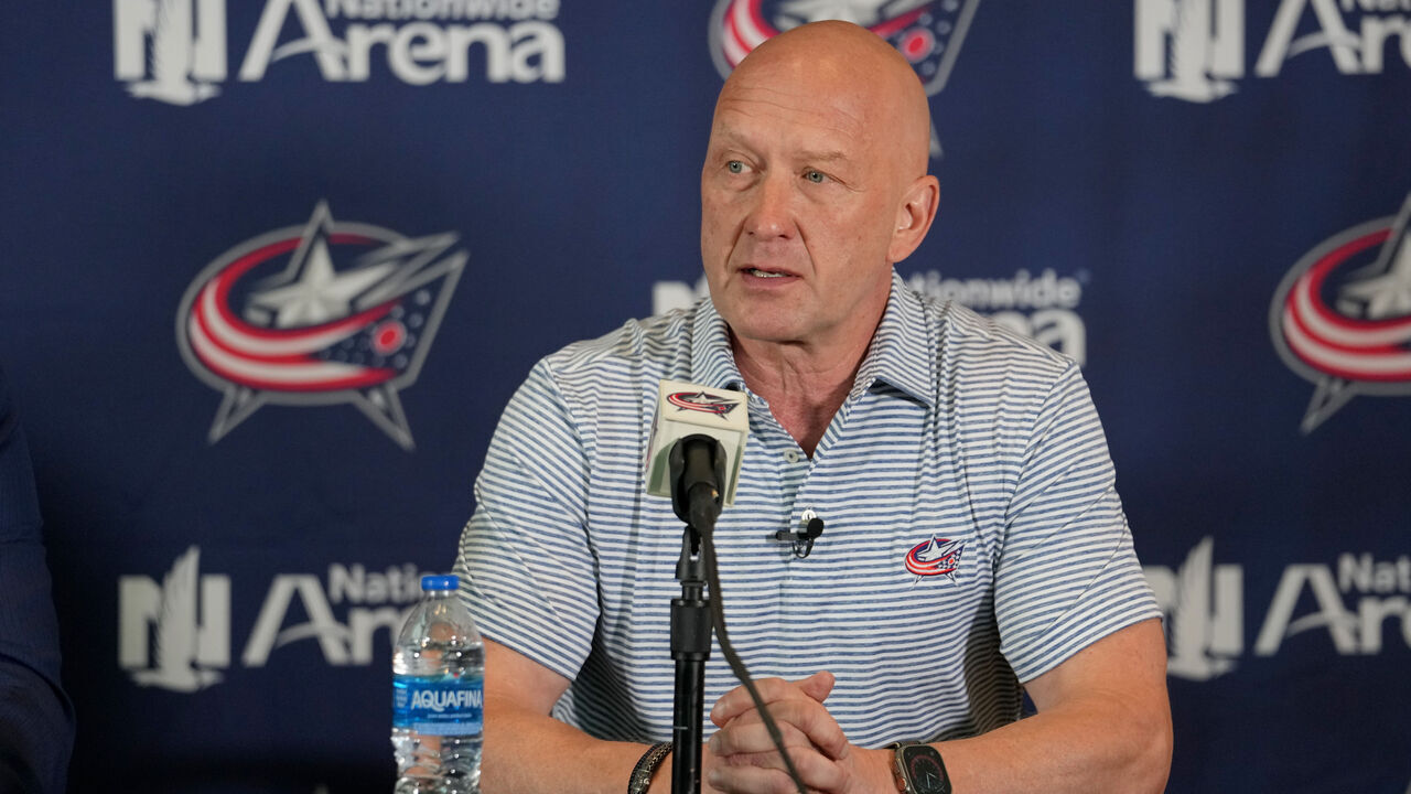 COLUMBUS, OHIO - JULY 01: General Manager Jarmo Kekalainen addresses member of the media during a press conference at Nationwide Arena on July 01, 2023 in Columbus, Ohio.