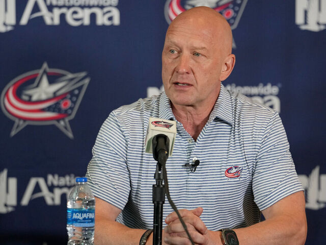 COLUMBUS, OHIO - JULY 01: General Manager Jarmo Kekalainen addresses member of the media during a press conference at Nationwide Arena on July 01, 2023 in Columbus, Ohio.