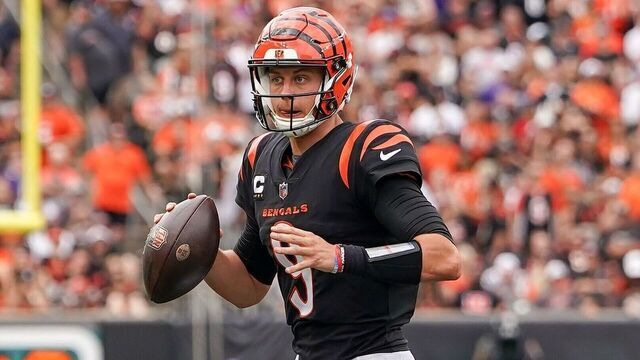 CINCINNATI, OHIO - SEPTEMBER 17: Joe Burrow #9 of the Cincinnati Bengals drops back to pass in the fourth quarter against the Baltimore Ravens at Paycor Stadium on September 17, 2023 in Cincinnati, Ohio.