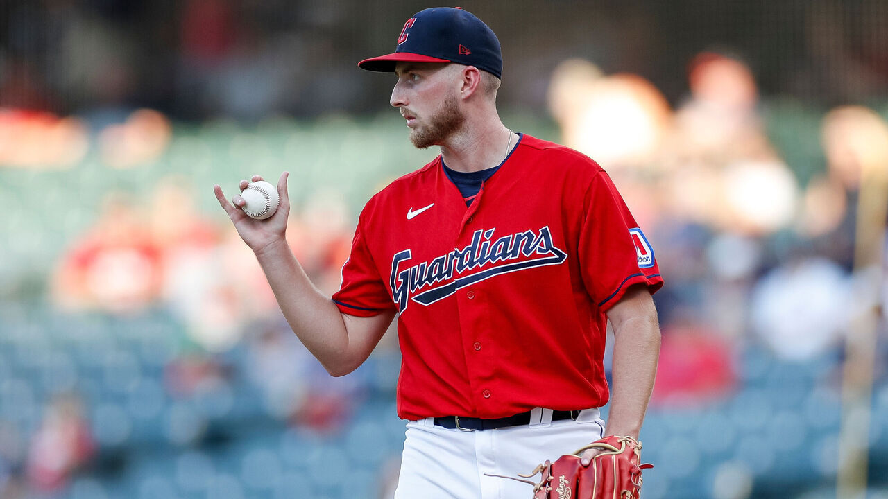 CLEVELAND, OHIO - SEPTEMBER 5: Tanner Bibee #61 of the Cleveland Guardians gestures during the second inning against the Minnesota Twins at Progressive Field on September 5, 2023 in Cleveland, Ohio.