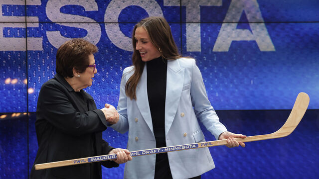 TORONTO, ON - SEPTEMBER 18 - Billie Jean King announces the first overall pick in the draft, for Minnesota, Tayler Heise, at the inaugural Professional Women's Hockey League (PWHL) Draft at CBC's headquarters in Toronto. September 18, 2023. (Steve Russell/Toronto Star via Getty Images)