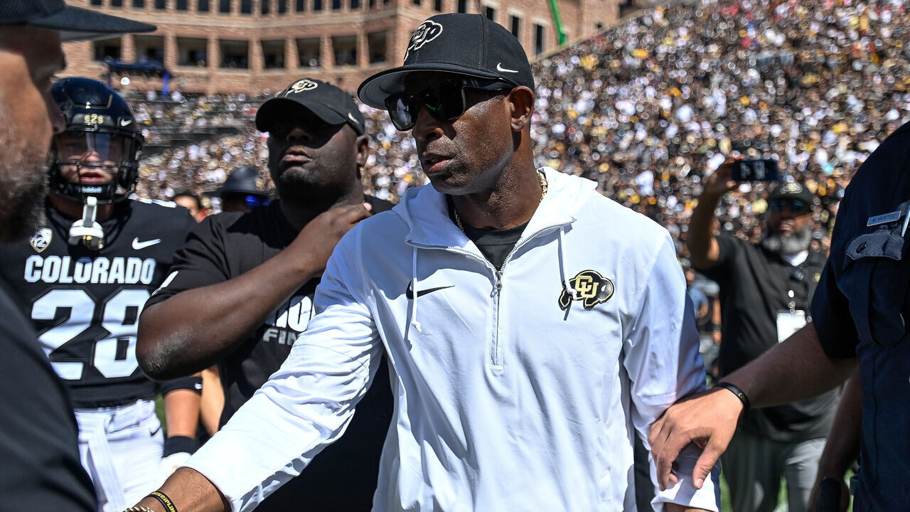 BOULDER, CO - SEPTEMBER 9: Head coach Deion Sanders of the Colorado Buffaloes waits to greet head coach Matt Rhule of the Nebraska Cornhuskers after a game at Folsom Field on September 9, 2023 in Boulder, Colorado.