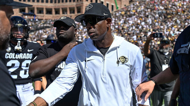 BOULDER, CO - SEPTEMBER 9: Head coach Deion Sanders of the Colorado Buffaloes waits to greet head coach Matt Rhule of the Nebraska Cornhuskers after a game at Folsom Field on September 9, 2023 in Boulder, Colorado.