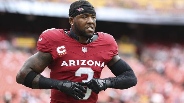 LANDOVER, MARYLAND - SEPTEMBER 10: Budda Baker #3 of the Arizona Cardinals reacts as he warms up prior to a game against the Washington Commanders at FedExField on September 10, 2023 in Landover, Maryland.