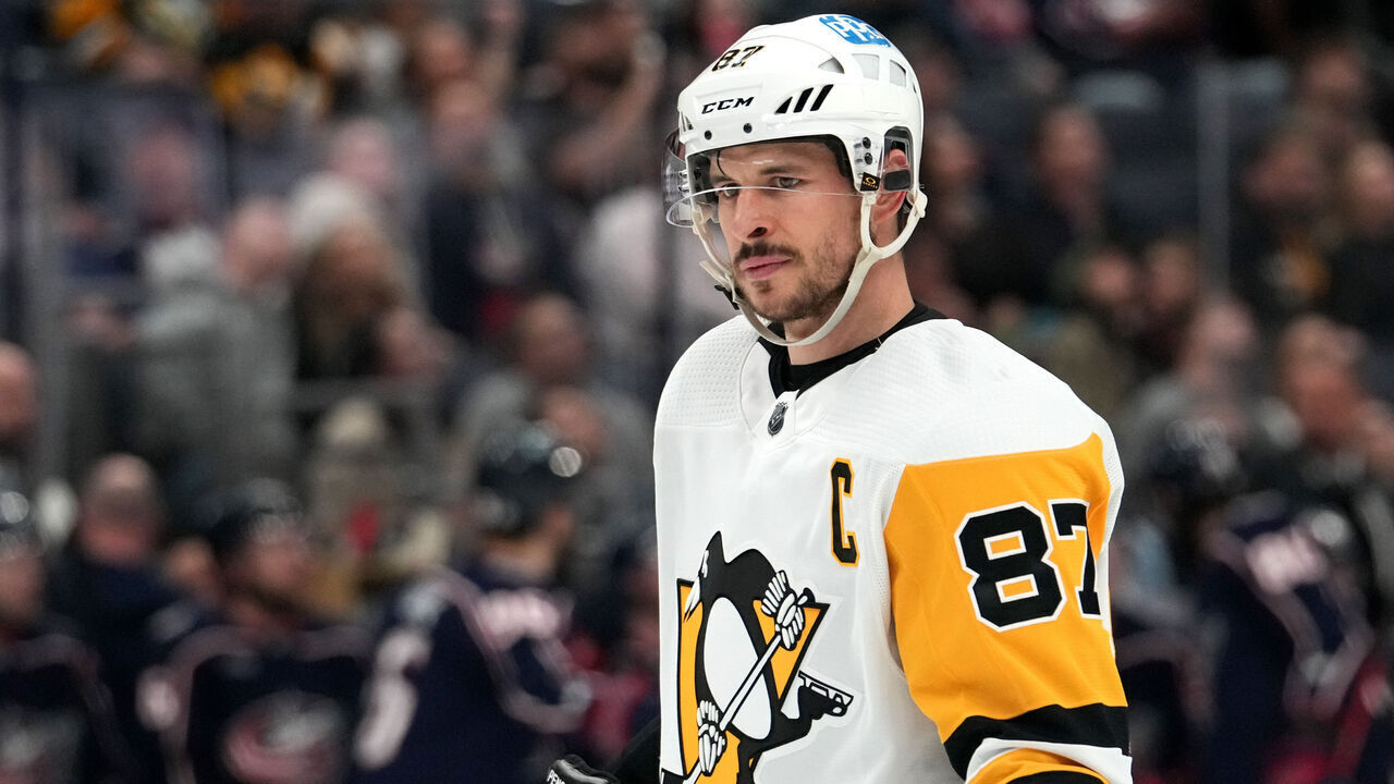 COLUMBUS, OHIO - APRIL 13: Sidney Crosby #87 of the Pittsburgh Penguins looks on during a stoppage of play in the second period against the Columbus Blue Jackets at Nationwide Arena on April 13, 2023 in Columbus, Ohio.