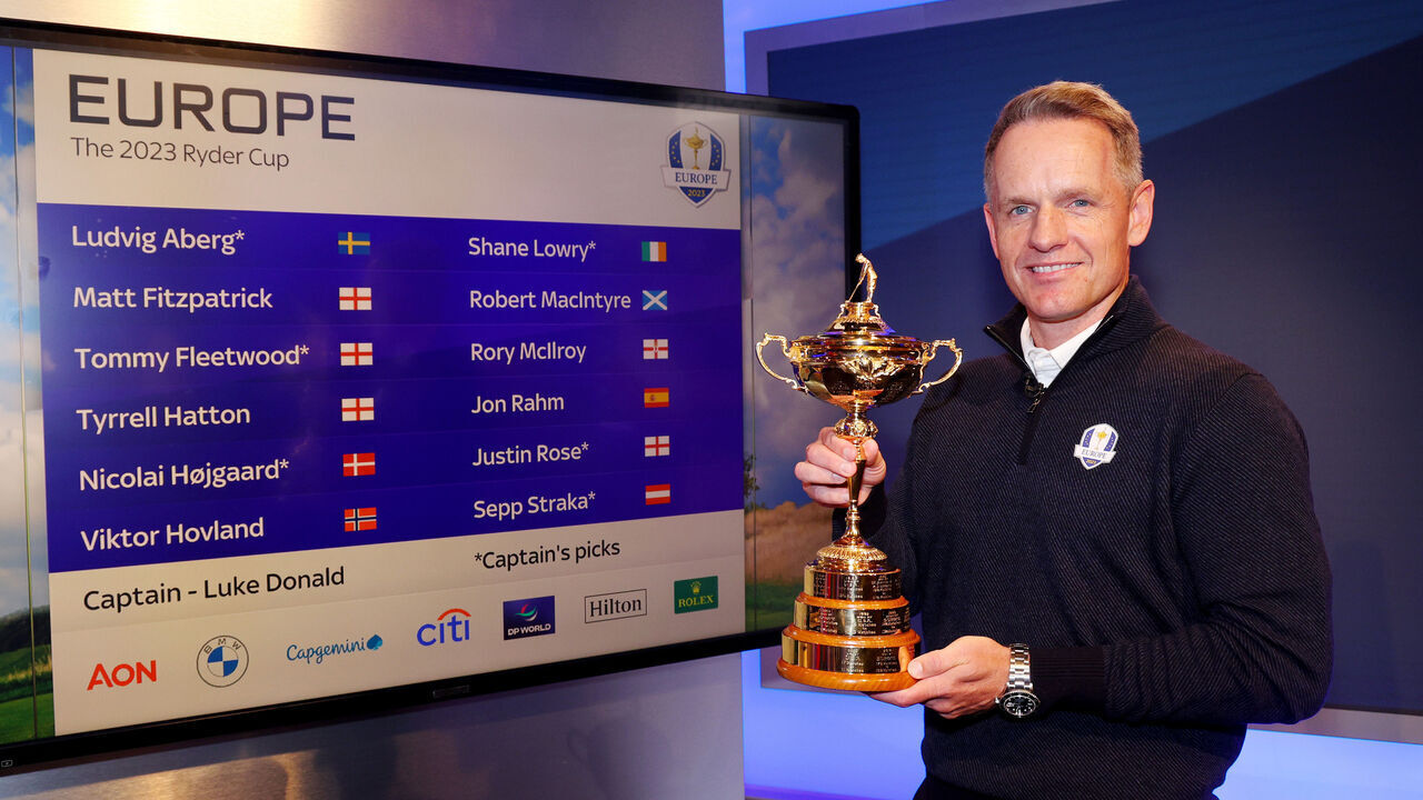 ISLEWORTH, ENGLAND - SEPTEMBER 04: Luke Donald, Captain of Team Europe poses for a photo during the Luke Donald Ryder Cup Wildcard Announcement at Sky Sports Studios on September 04, 2023 in Isleworth, England.
