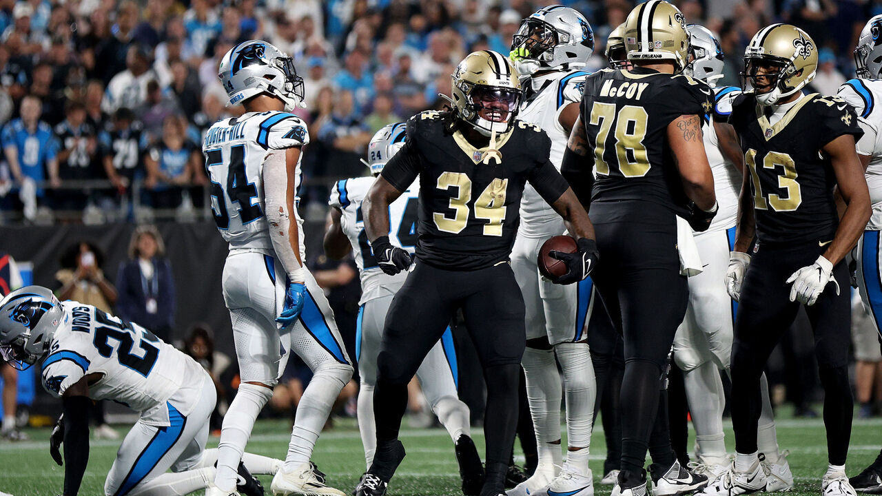 CHARLOTTE, NORTH CAROLINA - SEPTEMBER 18: Tony Jones Jr. #34 of the New Orleans Saints celebrates a touchdown against the Carolina Panthers during the third quarter in the game at Bank of America Stadium on September 18, 2023 in Charlotte, North Carolina.