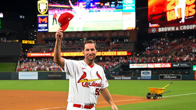 ST LOUIS, MISSOURI - SEPTEMBER 18: Adam Wainwright #50 of the St. Louis Cardinals acknowledges fans after his 200th win in a game against the Milwaukee Brewers at Busch Stadium on September 18, 2023 in St Louis, Missouri.