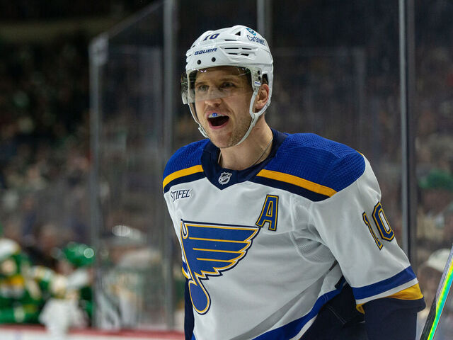 SAINT PAUL, MN - JANUARY 08: St. Louis Blues center Brayden Schenn (10) celebrates scoring a goal during the NHL game between the St. Louis Blues and Minnesota Wild, on January 8th, 2022, at the Xcel Energy Center in Saint Paul, MN.